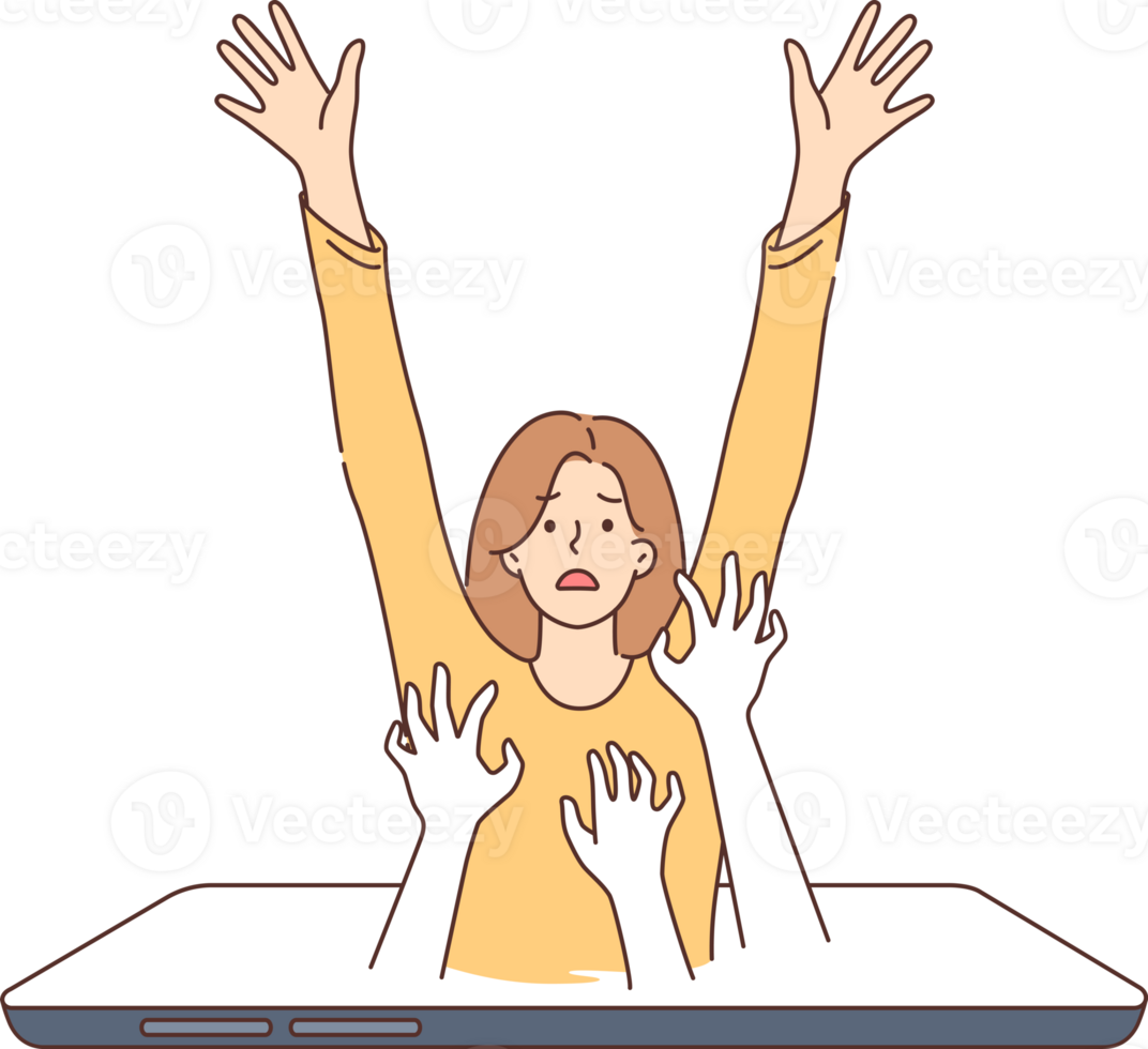 Problem of digital addiction in woman drowning in smartphone screen due to passion for social networks. Digital addiction sucks girl into electronic gadget to constantly spend time on apps png