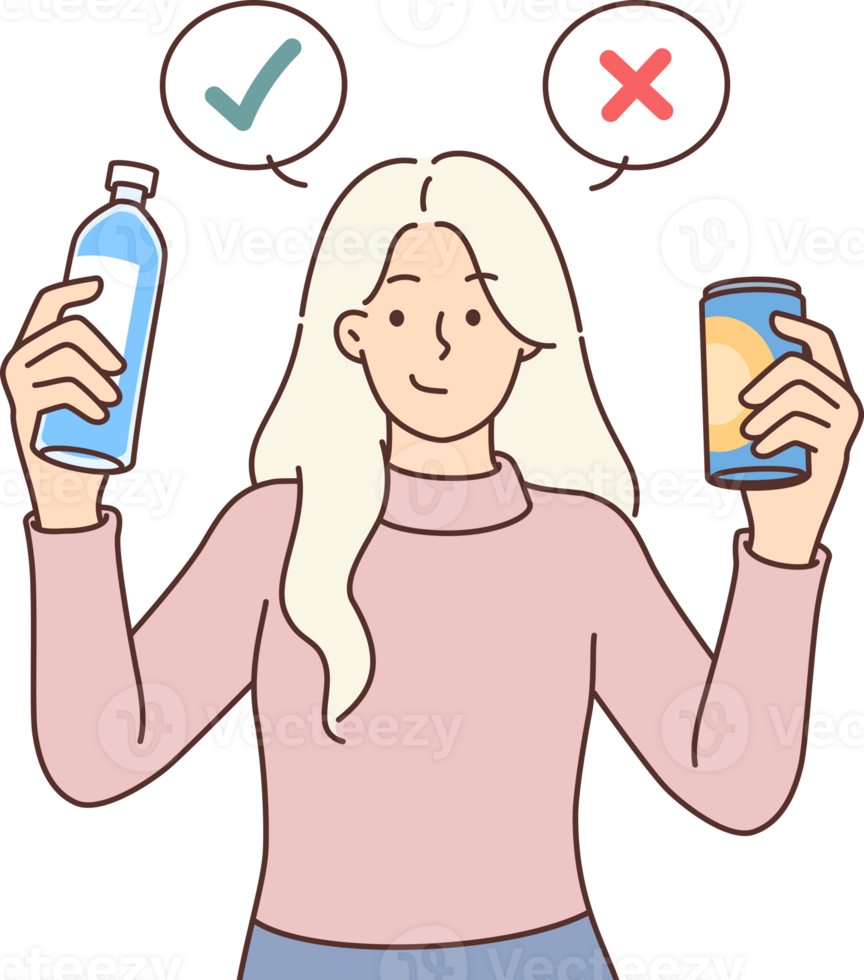 Woman chooses between mineral water and soda, recommending giving up unhealthy sweet drinks. Girl is advised to drink mineral water to avoid body exhaustion and sugar deposits from lemonades png