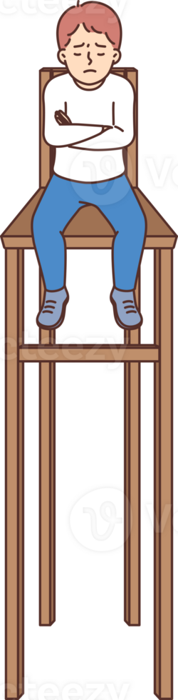 Little boy feels loneliness and isolation, sits on chair with high legs and is sad. Offended child suffers due to isolation, for concept of house arrest received as punishment for pranks png