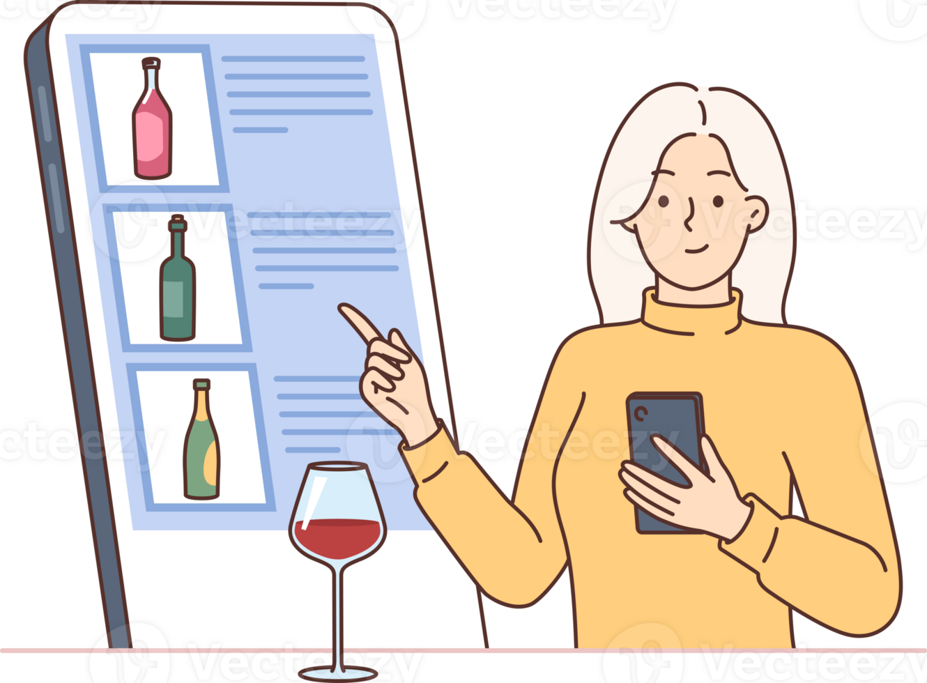 Woman looks through wine menu on smartphone, choosing favorite drink and standing at bar counter with wineglass. Girl recommends mobile application for ordering alcoholic drinks or wine png