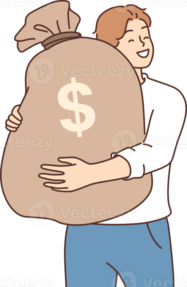Man hugs bag of money, rejoicing at amount of finance earned or receiving dividends from investments. Rich guy with lot of money in account is testing pieces after achieving economic goal png