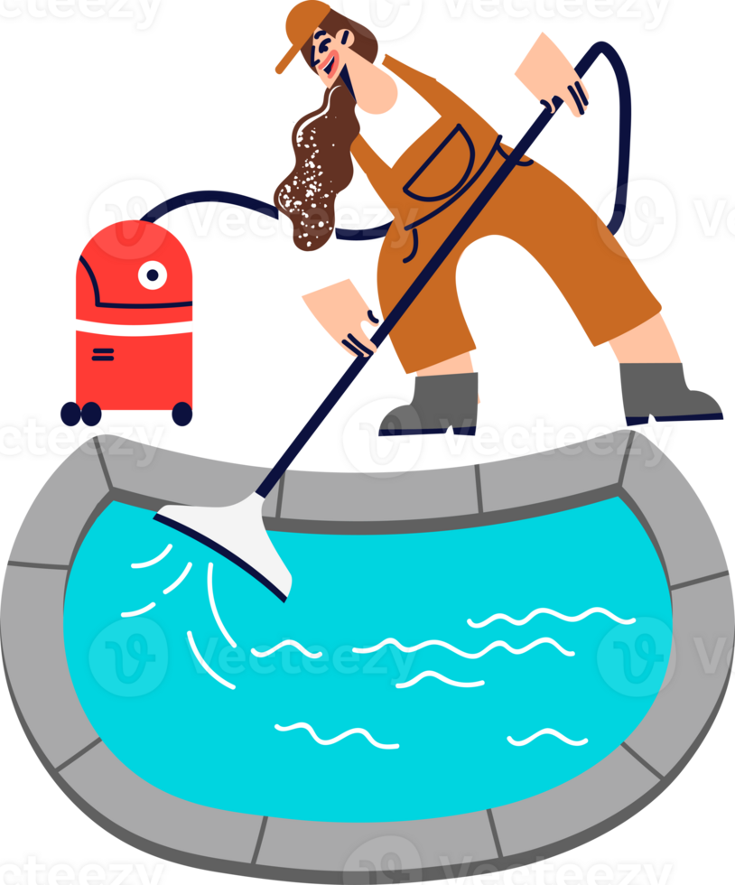 Woman cleans swimming pool using special vacuum cleaner to avoid appearance of bacteria and algae. Young girl cleaning specialist disinfects pool in water park, enjoying favorite job. png