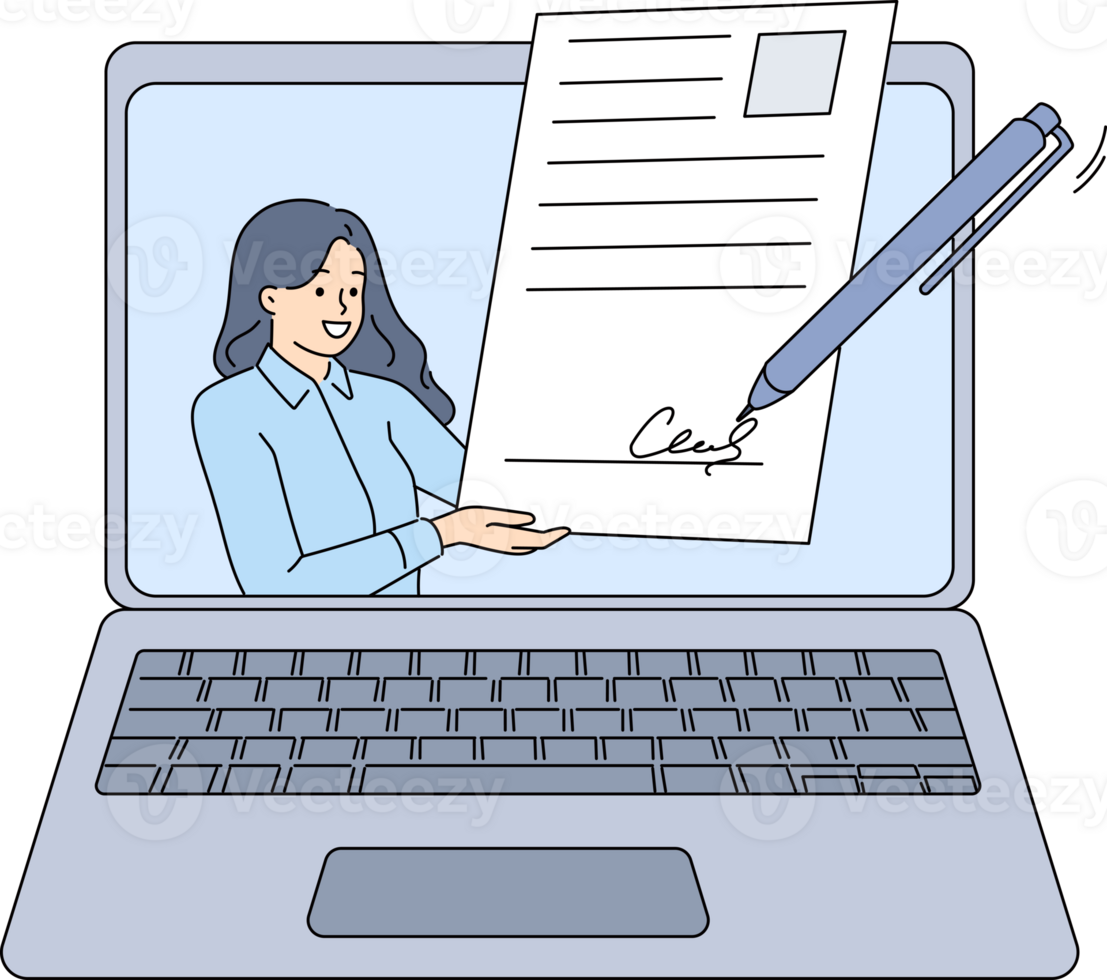 Business woman receives electronic signature of documents on laptop screen and approves contract online. Concept digitalization of bureaucracy and electronic signature for verification of contracts png