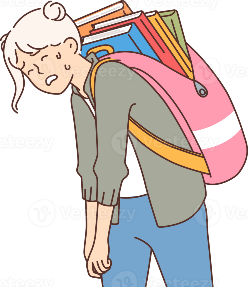 Tired teenage girl with heavy school backpack behind back suffers from overly complex education. Tired schoolgirl goes home after school and carries bunch of textbooks for extracurricular work png