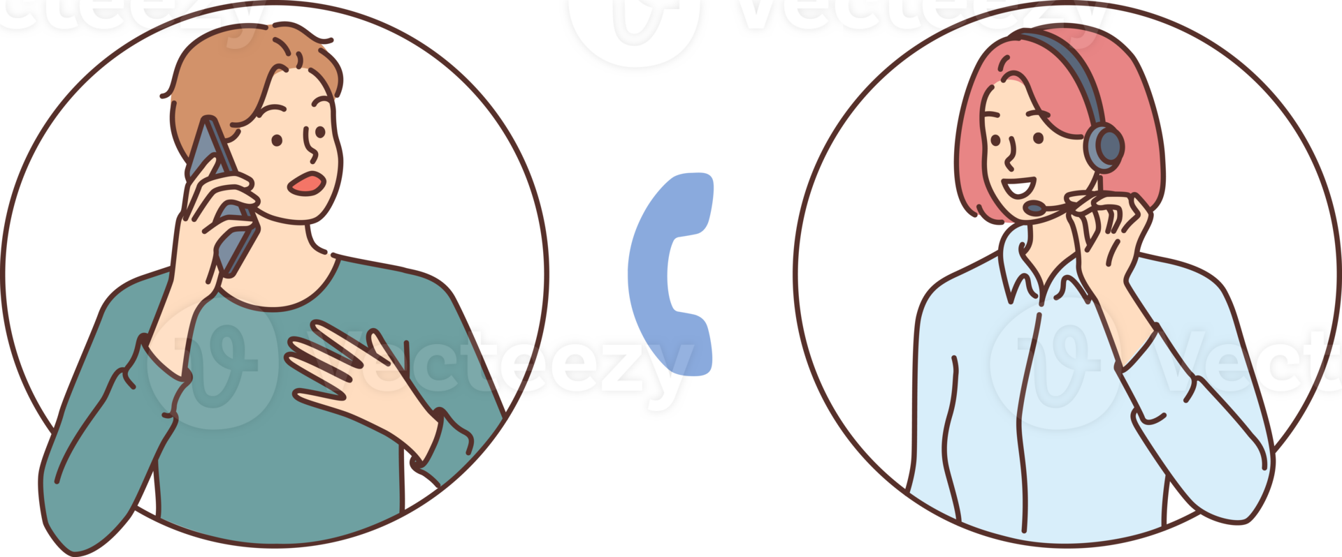 Client contacts customer support and talks on phone with female hotline operator. Girls from hotline use headset with microphone for consultations and answers to questions to help solve problem. png