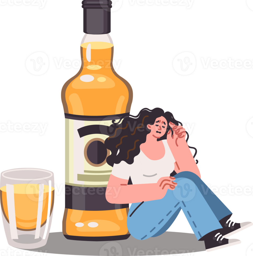 Drunk woman feels headache and hangover, sitting near large bottle of beer or whiskey. Problem of hangover in drunkard suffering from alcohol addiction caused by lack of success in life png