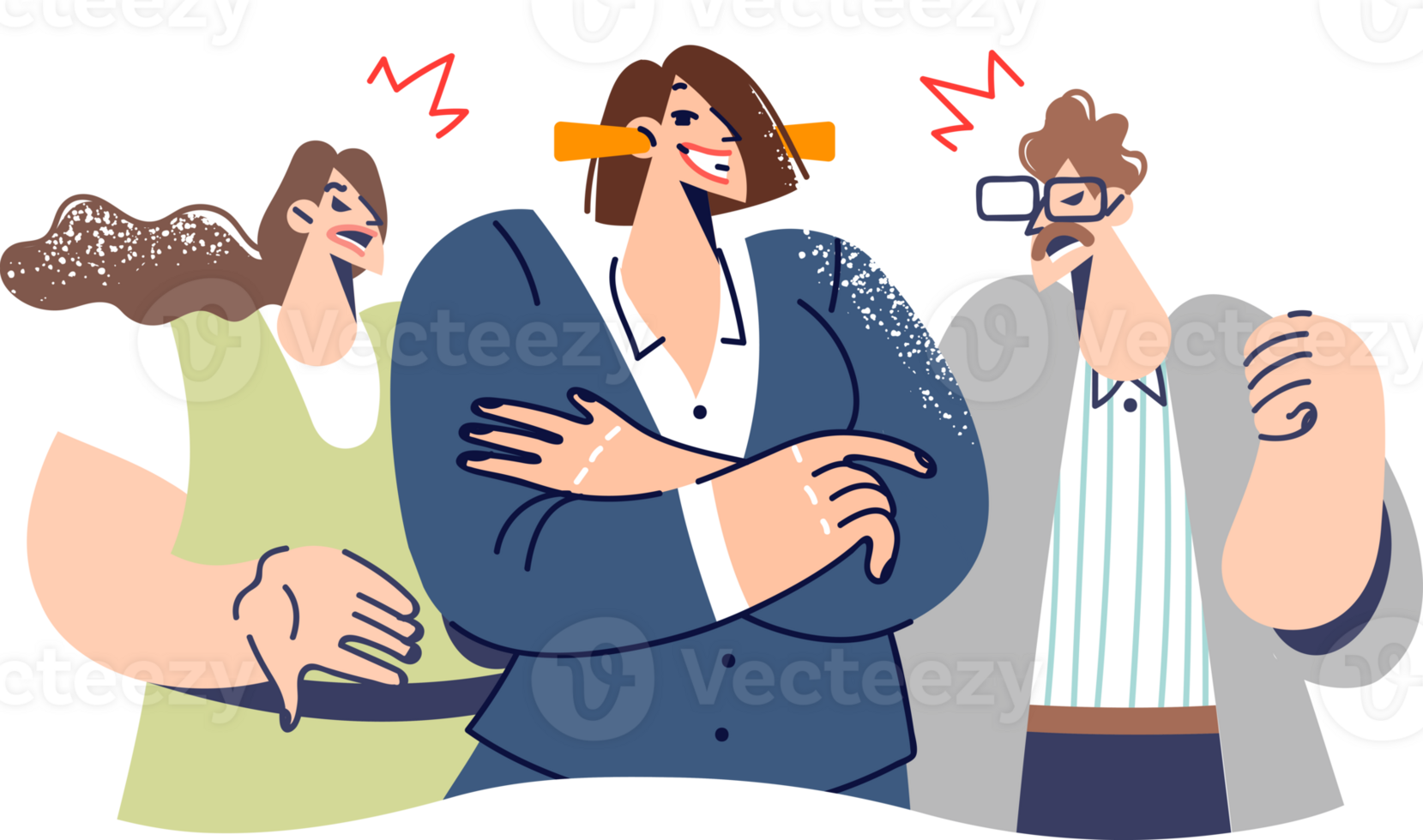 Business woman ignores colleagues because of self-confidence and narcissistic syndrome, stands with earplugs. Businesswoman ignores critics thanks to professional analysis and pursuit of goal png