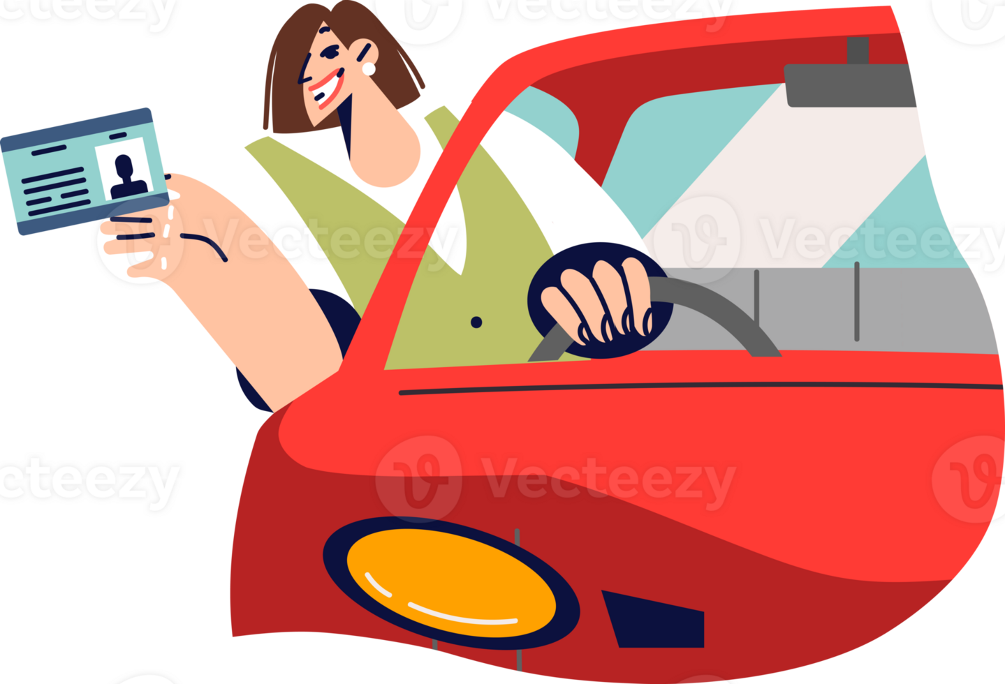 Driver license in hands of woman sitting behind wheel of car, confirming right to access parking lot. Happy girl demonstrates driver license after long training at automobile school png