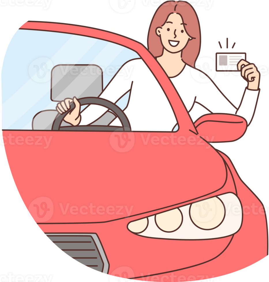 Woman demonstrates driver license sitting behind wheel of car and leaning out of window. Young girl is happy to receive driver license that allows to drive own automobile or work in taxi. png