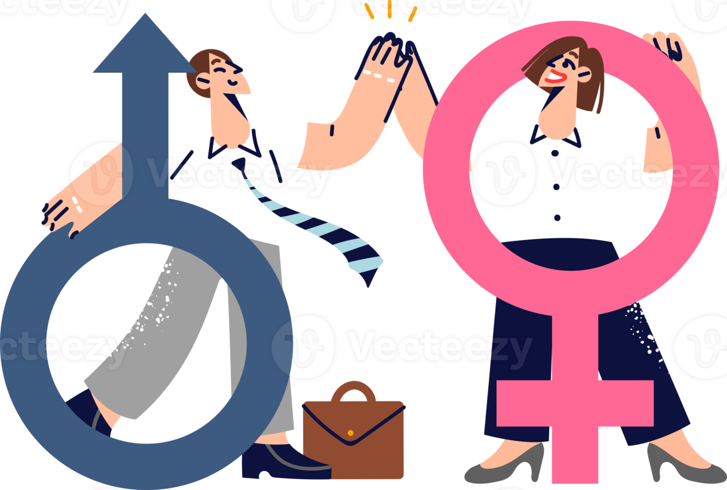 Gender equality or solidarity of men and women working together to achieve business prosperity. Successful guy and girl high-five each other, standing near gender symbols or proud equals png