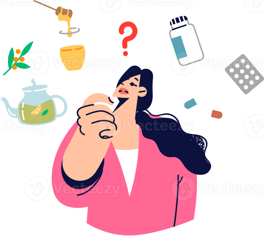 Woman with influenza is considering treatment with traditional methods or pharmacological drugs. Girl understands effectiveness of treatment using natural products and antibiotic tablets png