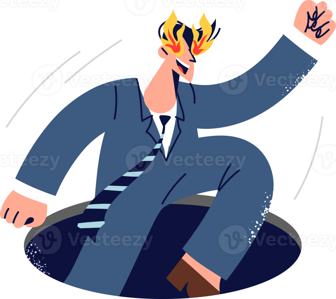 Business man jumps out of hole and demonstrates readiness for success after many failures. Business guy with fire in eyes and high motivation png