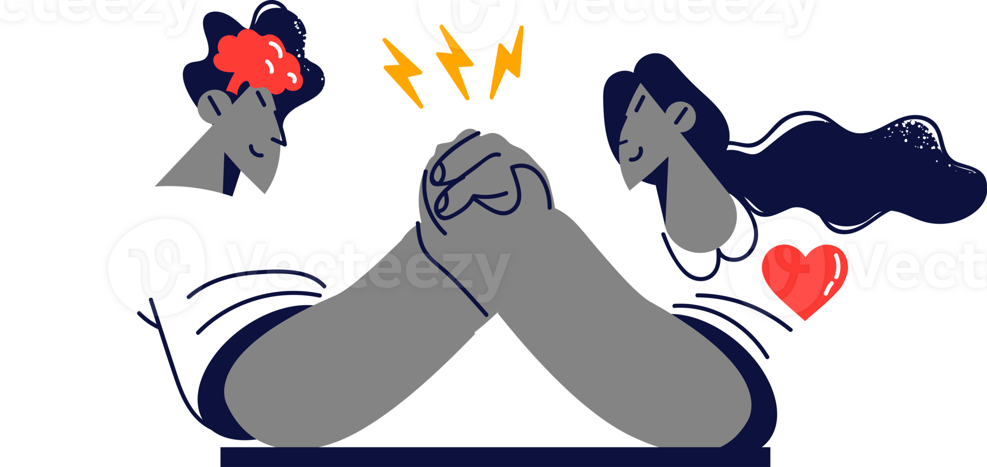 Struggle for leadership in relationship between man and woman arguing about importance of intellect and feelings. Progmatic guy and romantic girl are in conflict, having communication problems png