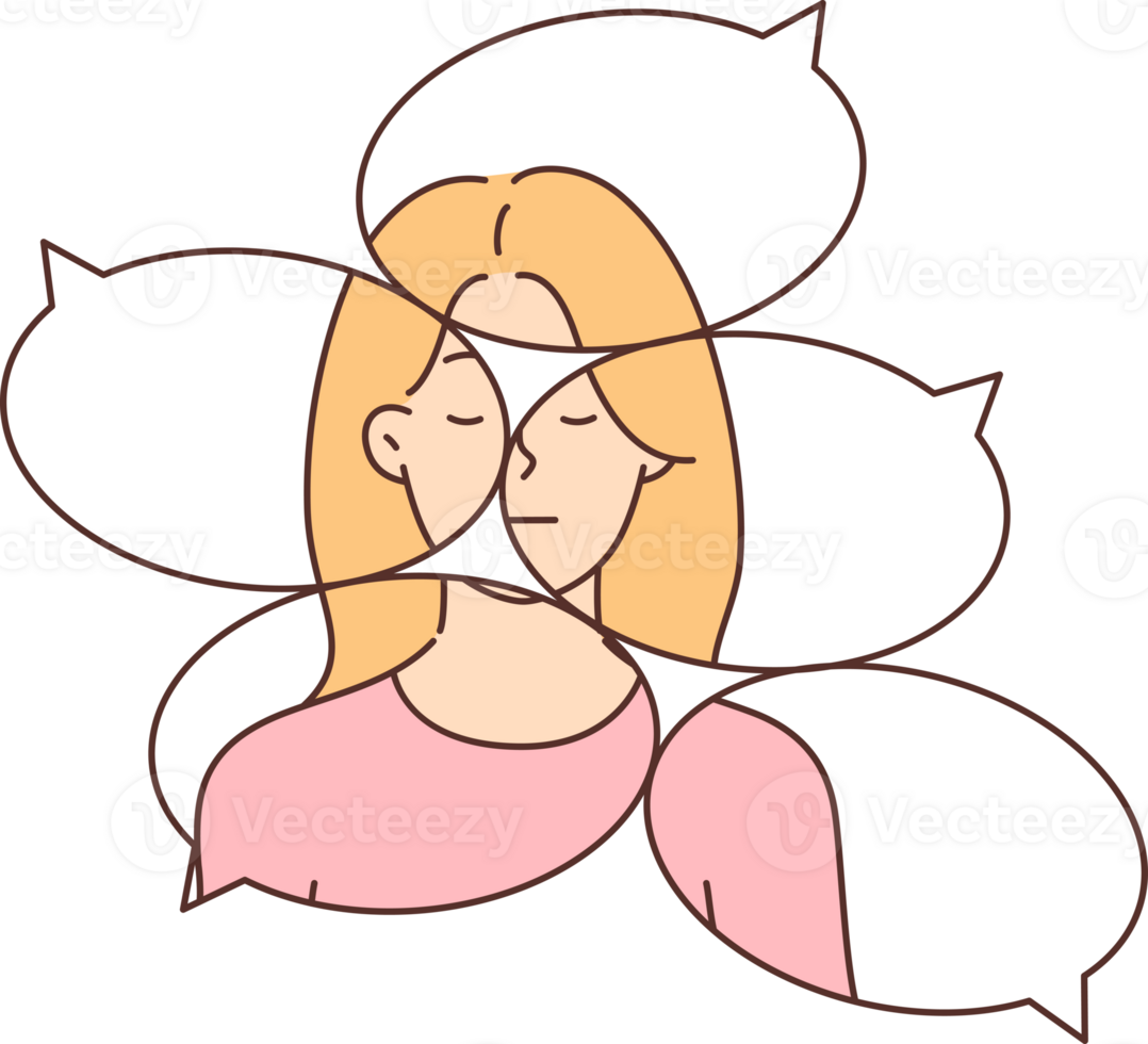 Public opinion is portrait of woman, created from comments and dialogue clouds symbolizing someone else opinion. Concept of public shaming for dishonest person or cancel culture ruining girl life png