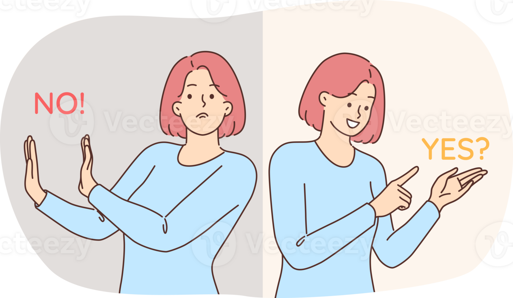 Women demonstrate agreement and negation by standing next to words yes or no, after hearing sentence. Girl makes right decision and shows gestures symbolizing agreement or denial issue being discussed png