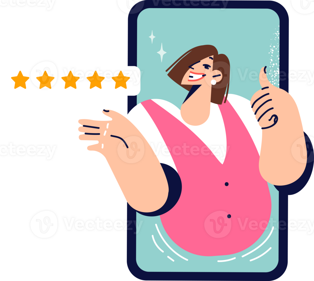 Positive user experience from using mobile app on phone, with woman showing thumbs up. Five stars are metaphor for good user experience resulting from professionalism of developers. png