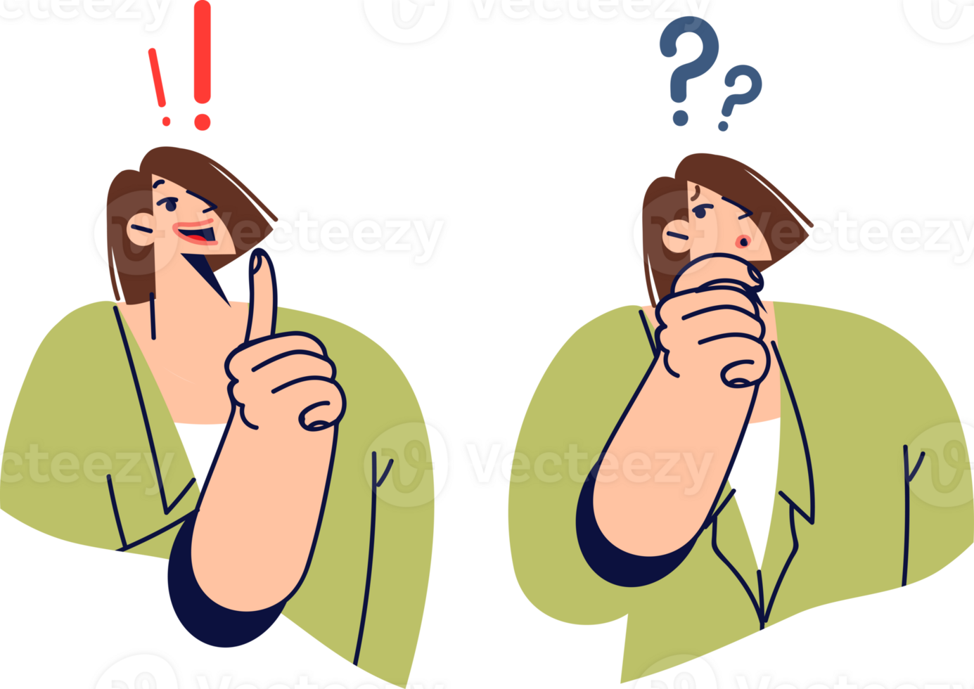 Woman brainstorms answer to question and rejoices when she comes up with ingenious solution. Brainstorms allows casual girl to find only right way to get desired result and achieve goal. png