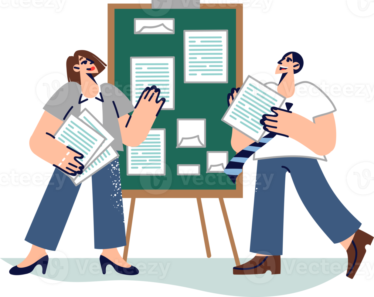 Business presentation from office employees hanging documents with financial charts on board. Business presentation for investors or potential partners from clerks who have analyzed market png