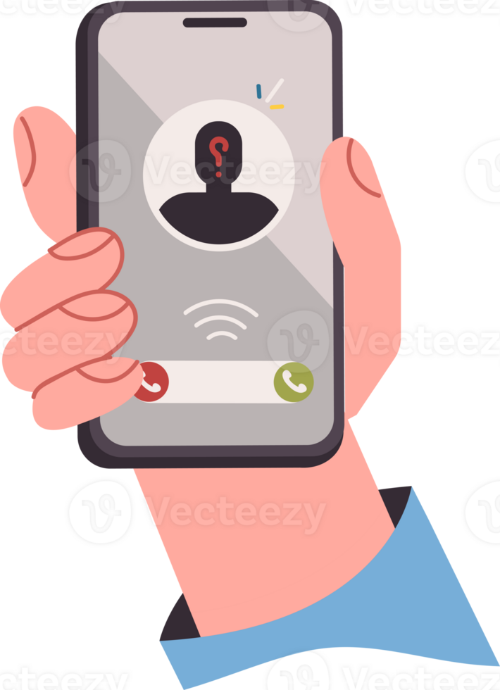 Phone in hand person receiving anonymous call with unsolicited advertisement or scam offer. Incognito interlocutor harasses you with phone call, wanting to steal personal data or sell unnecessary item png