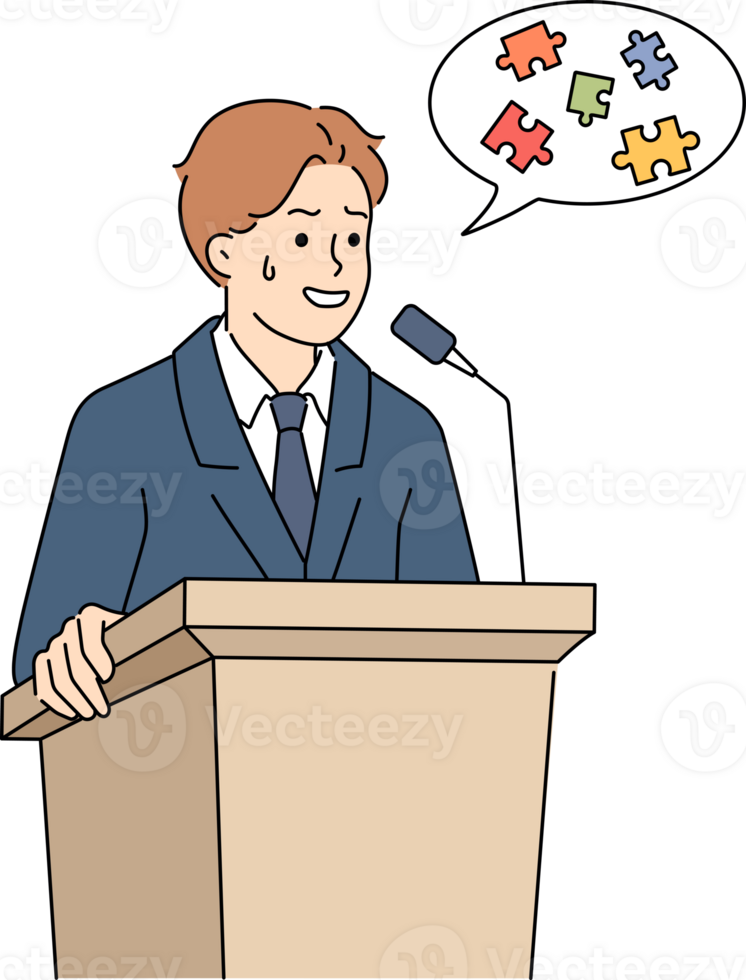 Glossophobia in man speaking in front of audience behind podium, and suffering from confusion in thoughts. Problem of glossophobia causes stress and depression in business conference speaker png