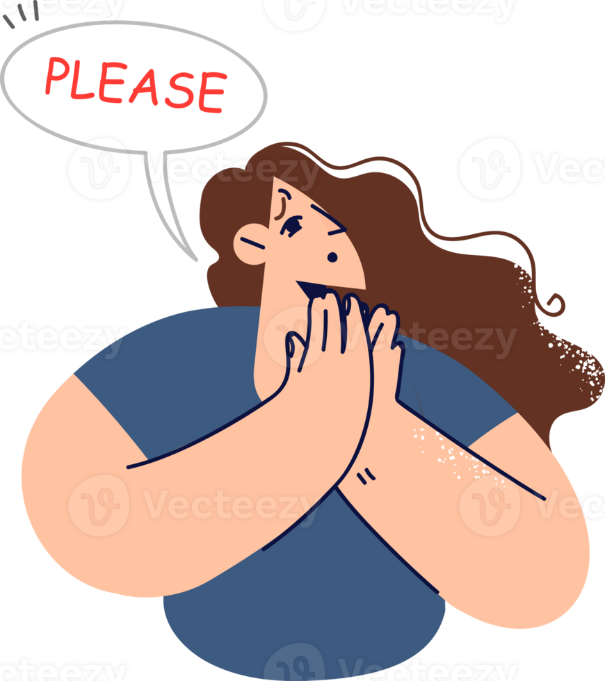 Helpless woman says please and makes piteous expression on face, asking for help or apologizing for mistake. Word please in conversation cloud near girl in need of support due to unsolvable problems png