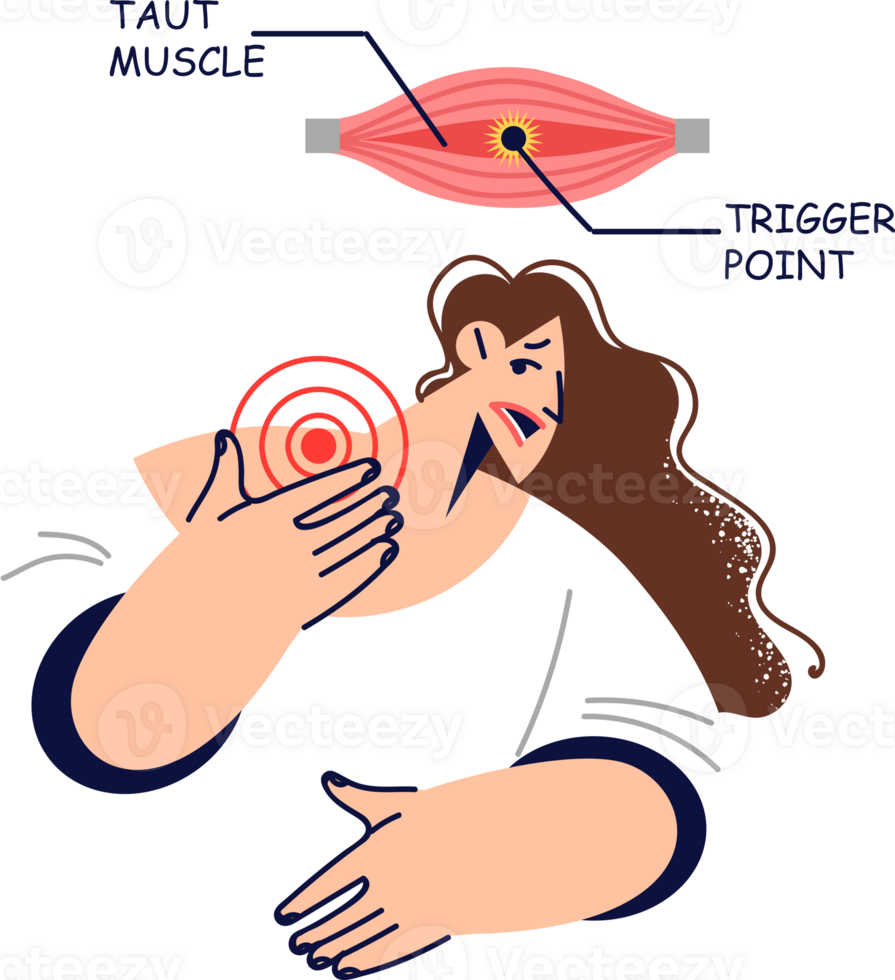 Taut muscle and trigger point in woman neck, causing pain due to poor posture and long periods of working with computer. Girl with taut muscle syndrome needs help of chiropractor or regular gymnastics png