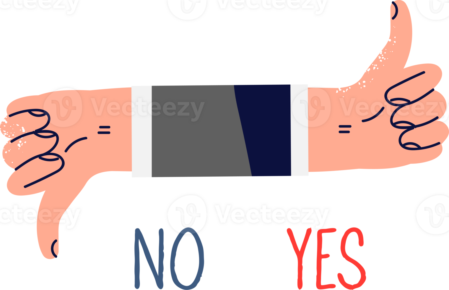Person hand shows thumbs up and thumbs down for nonverbal approval or protest against proposal made. Gesture from business man with yes and no inscriptions, to support or oppose work colleague png