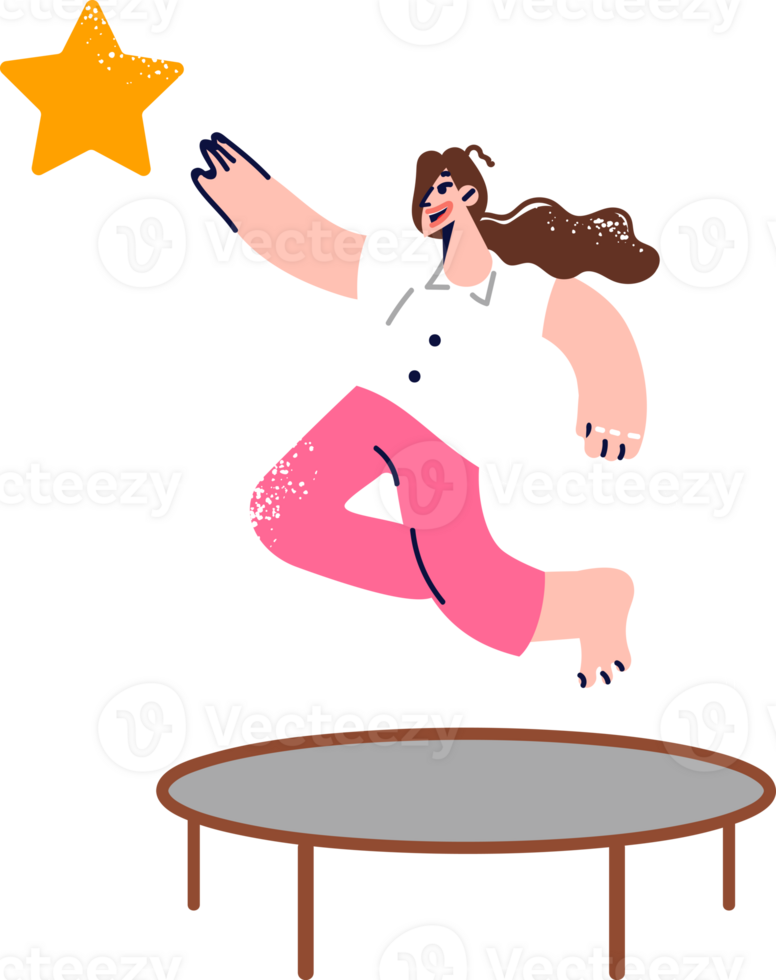 Woman wants achieve success and reach for star, jumping on trampoline, thanks to motivation. Trampoline of ambition helps girl not to stop when she fails, making new attempt achieve goal. png