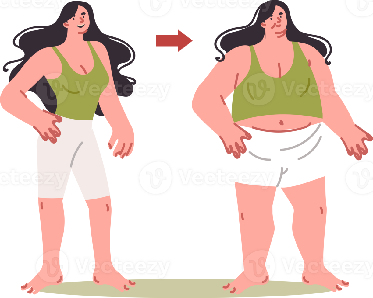 Transformation of fat woman into thin, thanks to low-calorie diet and fitness. Comparison of girl before and after low-carb diet that helps get rid of excess weight and cellulite on body png