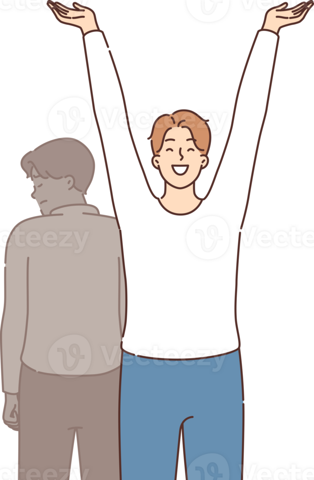 Happy man celebrating recovery from depression and restoration of mental health, standing near sad shadow. Psychological recovery of guy who recovered from prolonged stress and depression png