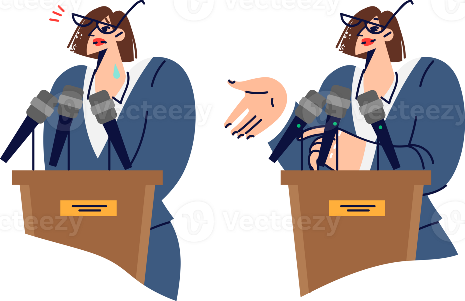Glossphobia in woman speaking in front of audience, standing near podium with microphones. Contrast between confident businesswoman and novice girl with glossphobia who needs oratory skills png