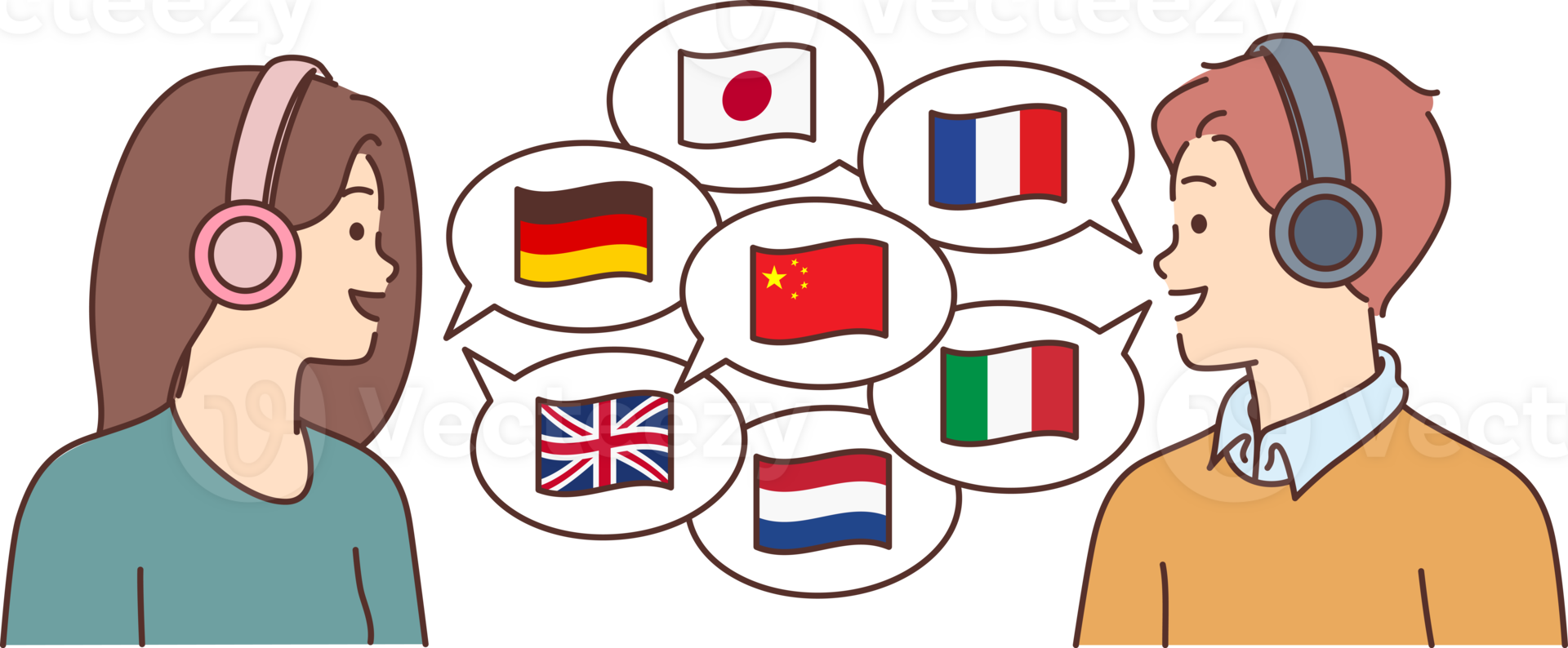 Two polyglots in headphones communicate in different languages, stand near dialogue clouds with country flags. Male and female polyglots use artificial intelligence translator for online chatting png