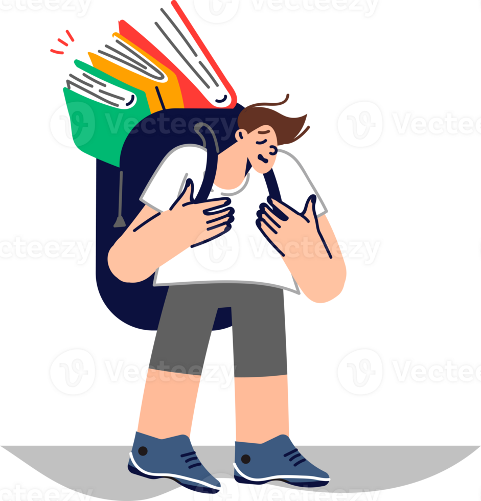 Upset boy with books in backpack suffers from complex educational program in primary school. Need to read books causes discomfort and depression in student who wants to sit back and have fun png