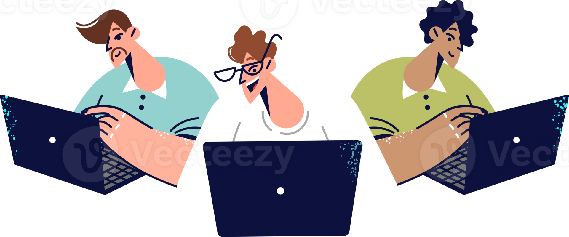 Group of business people are using laptops, working on complex program, participating in team hackathon. Young freelancers compete in programming during hackathon for computer geniuses png