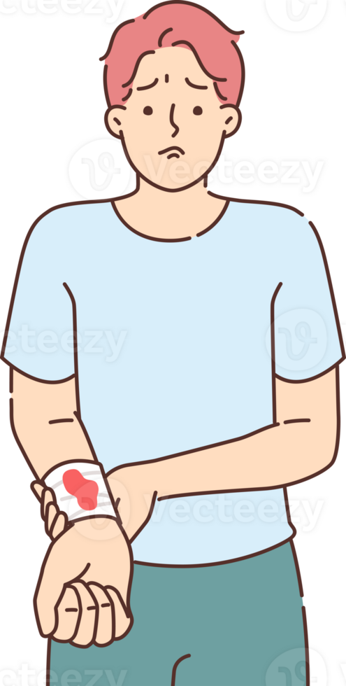 Diabetes symptom in upset man with blood stain on hand feeling problem of slow wound healing. Diabetes causes stress in guy with bandage on wrist, needing doctor help and insulin injection png