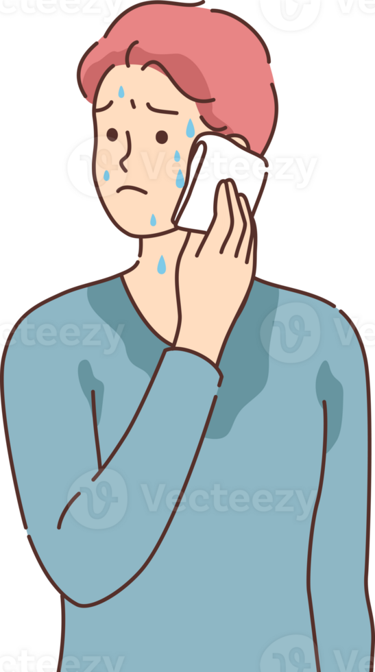Sweaty man feels fear and worsening mood, wipes moisture from face and needs to visit therapist. Sweaty guy is stressed or suffers from nervous disorder causing sweating of skin or body png
