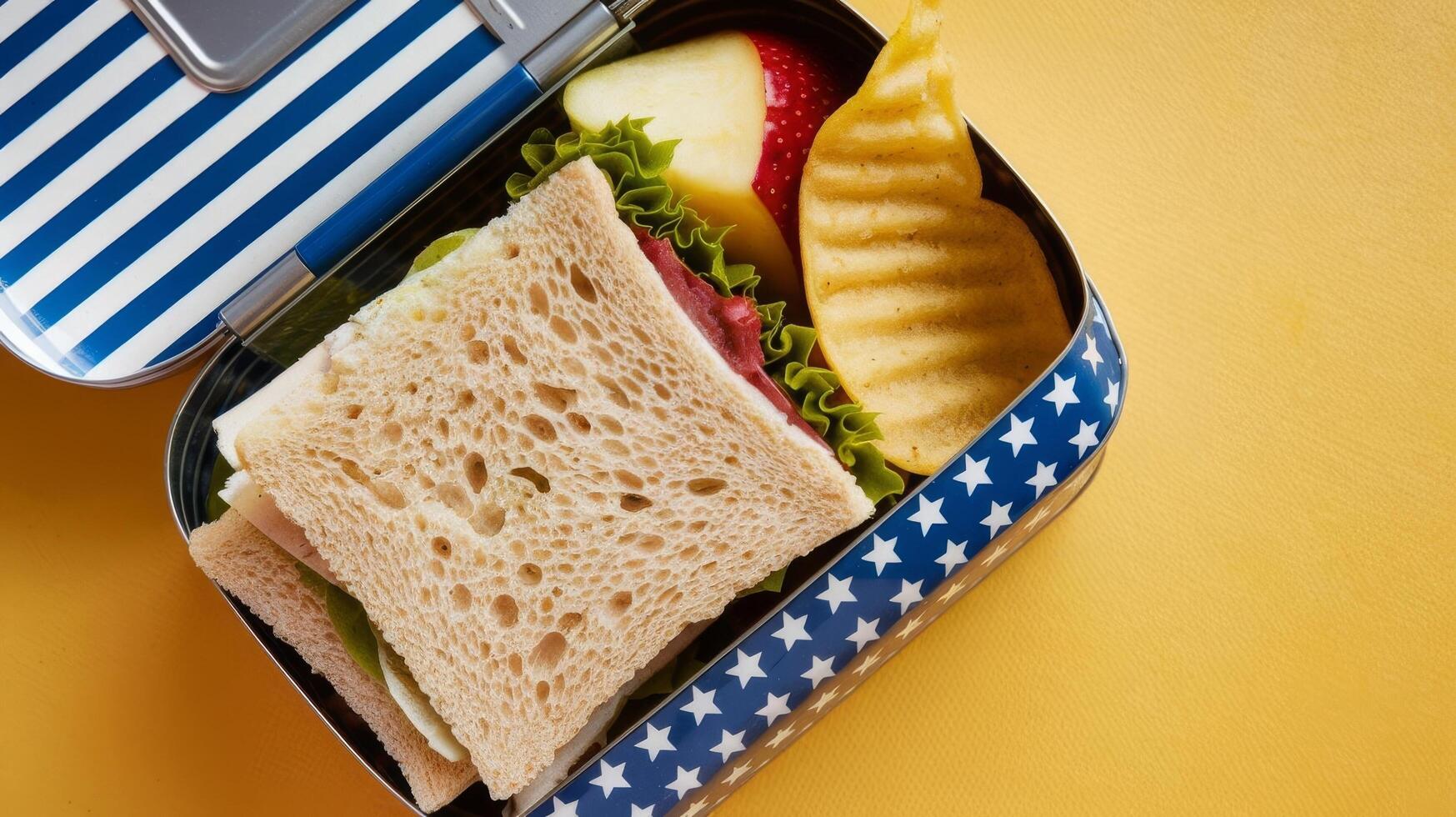 A sandwich and chips in a lunch box photo