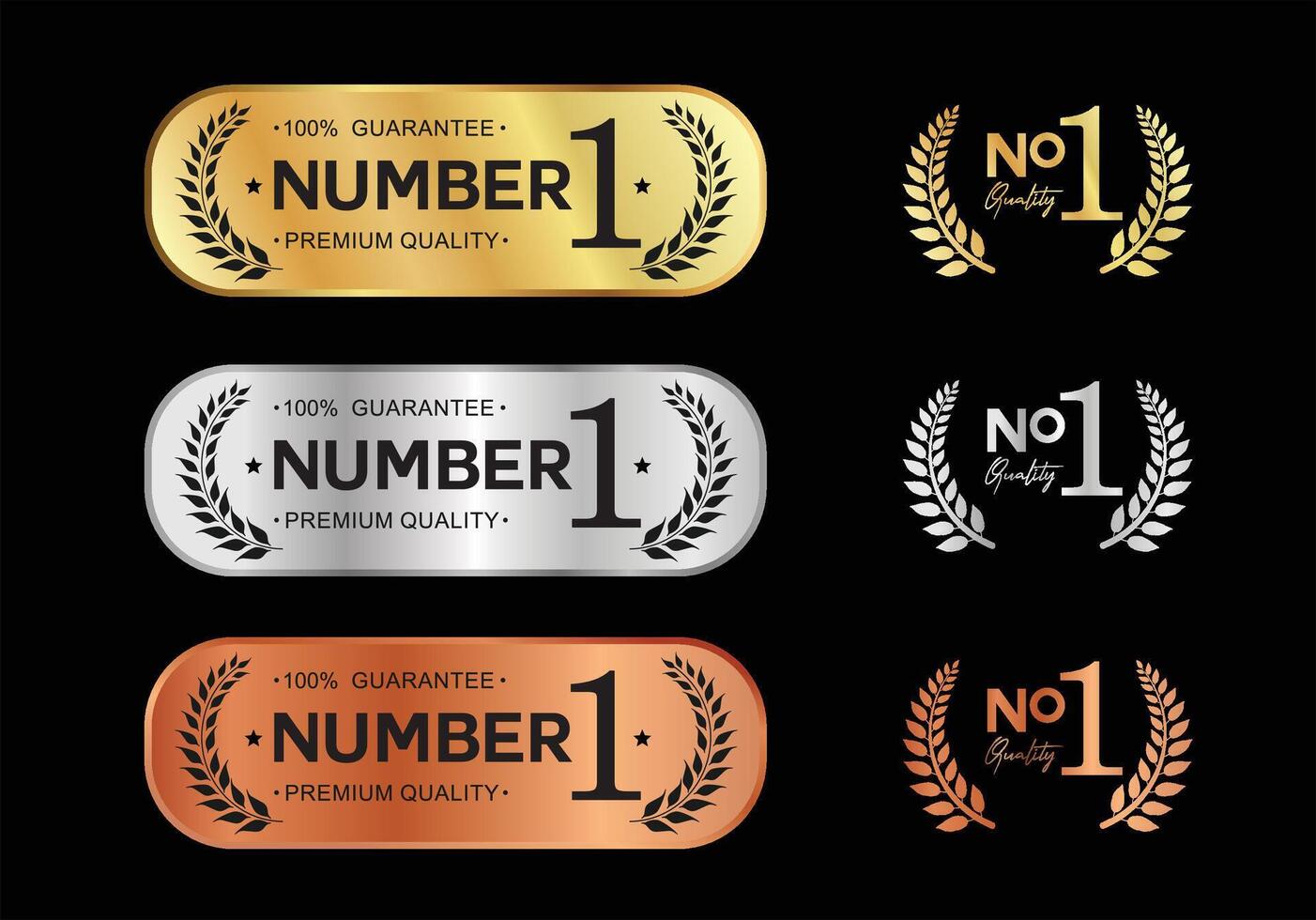 Number 1 Best Quality Luxury Gold Bronze Silver badge premium emblem isolated on black background stock illustration vector