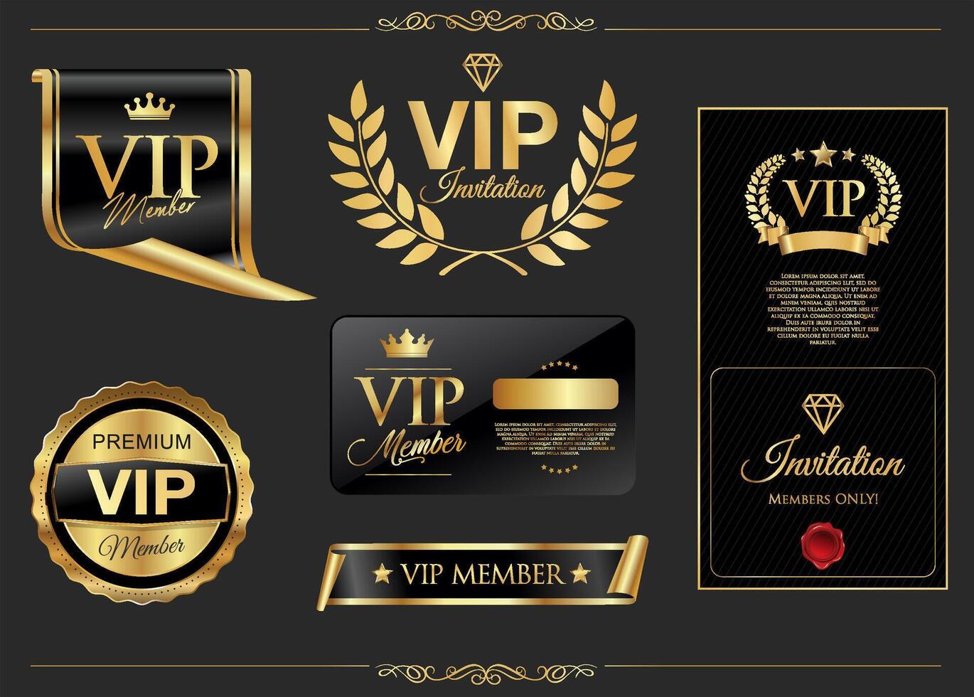 VIP invitation card, banner or flyer with golden elements on black background vector