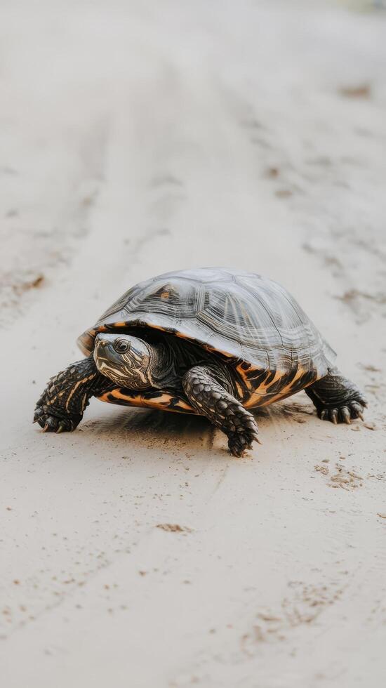A turtle walking on the beach photo