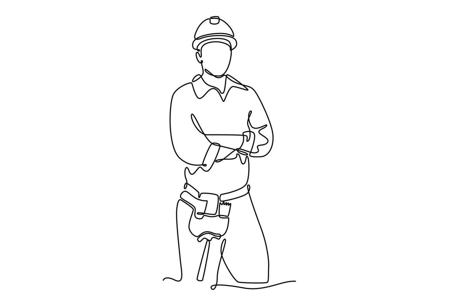 Single continuous line drawing young active handyman posing cross arms on chest before work. Professional work job occupation. Home renovation. Dynamic one line draw graphic design illustration vector
