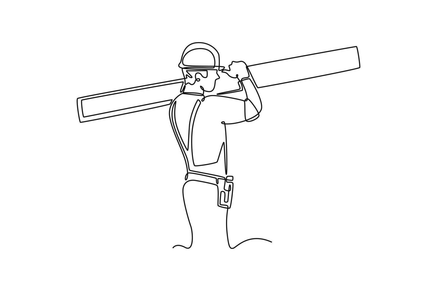 Single one line drawing male construction worker wearing helmet and glove while carrying pile of woods. Carpenter building maintenance services. Continuous line draw design graphic illustration vector