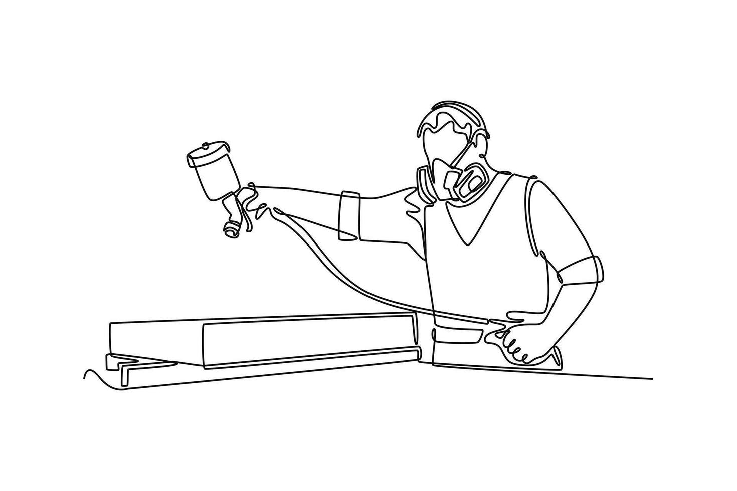 Continuous one line drawing young carpenter worker wearing helmet and mask painting wooden board using paint sprayer. Building renovation services. Single line draw design graphic illustration vector