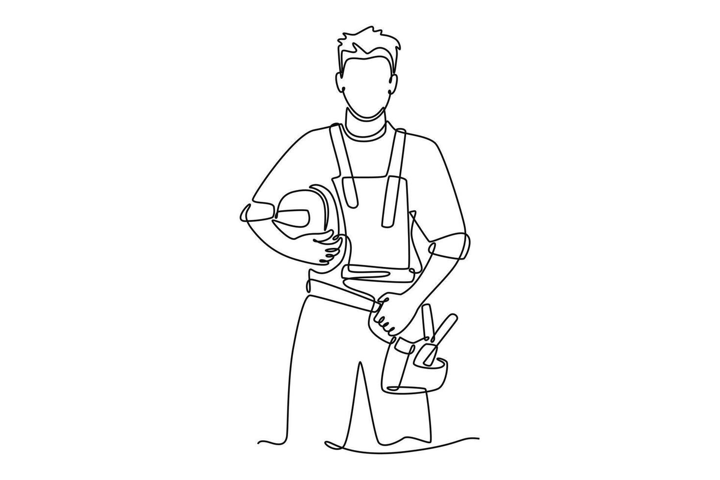 Single continuous line drawing young craftsman wearing building construction uniform while holding helmet. Handyman house renovation service concept. One line draw graphic design illustration vector