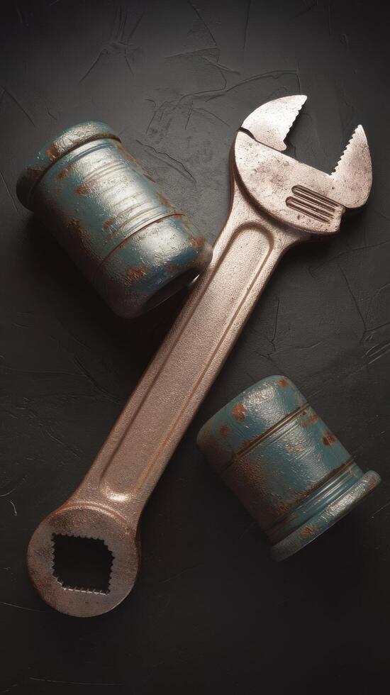 The concept of engine repr car repr image of wrenches and a cylinder on a dark background copy space 3d illustration 3d render photo