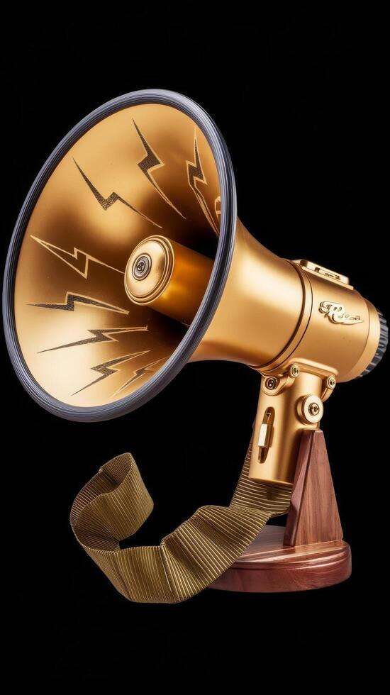 Gold megaphone loudspeaker with lightning on black background photo