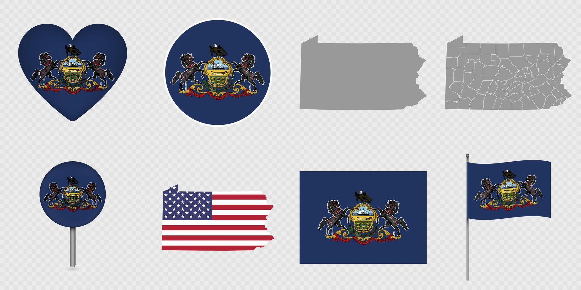 Pennsylvania State Flags and Maps Icon Pack. vector