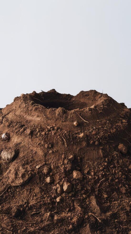 A dirt mound with rocks and dirt on top photo