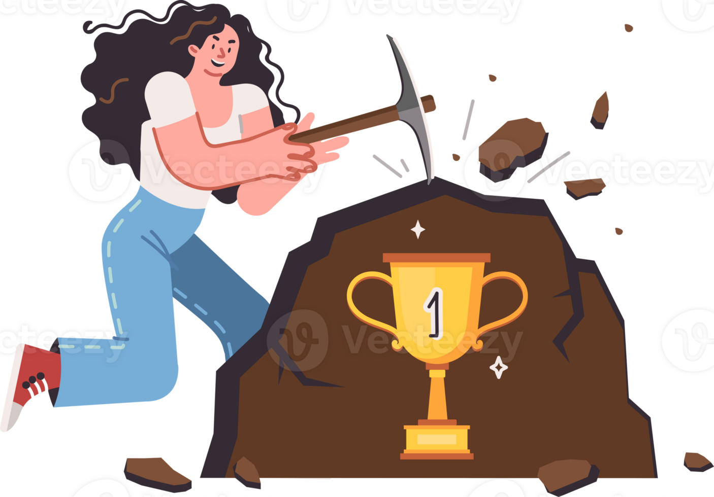 Self-development helps woman with pickaxe achieve victorious trophy hidden under rock. Girl wants to become winner and achieve success using self-development and diligence or pursuit of goal. png