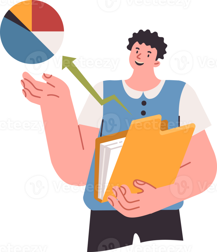 Man analyst has conducted statistical research and demonstrates graph with results, holding paper reports. Guy analyst for infographic design or business presentation with analytical information png